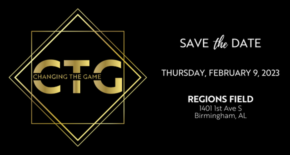 Changing the Game gala save the date, black background with gold and white text